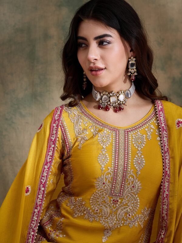 Stunning Yellow Chinon Embroidered Kurta Palazzo Set
