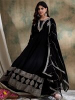 Exquisite Black Embroidered Faux Georgette Anarkali Gown with Dupatta | Miss Ethnik