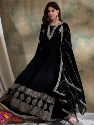 Exquisite Black Embroidered Faux Georgette Anarkali Gown with Dupatta | Miss Ethnik