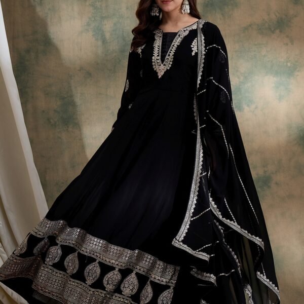 Exquisite Black Embroidered Faux Georgette Anarkali Gown with Dupatta | Miss Ethnik