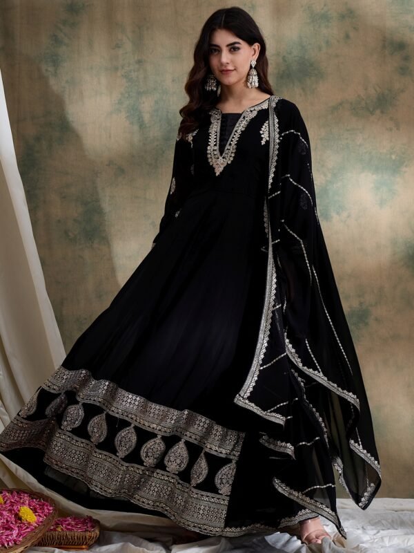 Exquisite Black Embroidered Faux Georgette Anarkali Gown with Dupatta | Miss Ethnik