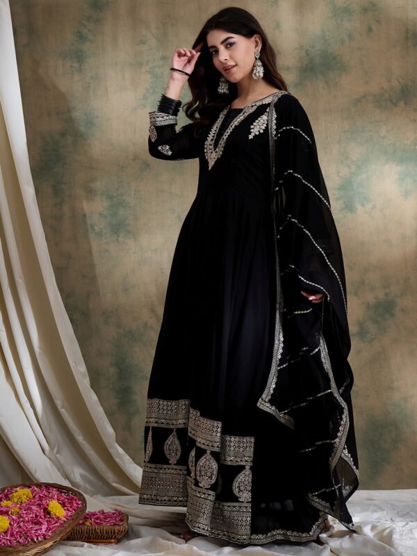 Exquisite Black Embroidered Faux Georgette Anarkali Gown with Dupatta | Miss Ethnik