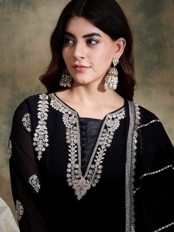 Exquisite Black Embroidered Faux Georgette Anarkali Gown with Dupatta | Miss Ethnik