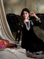 Exquisite Black Embroidered Faux Georgette Anarkali Gown with Dupatta | Miss Ethnik