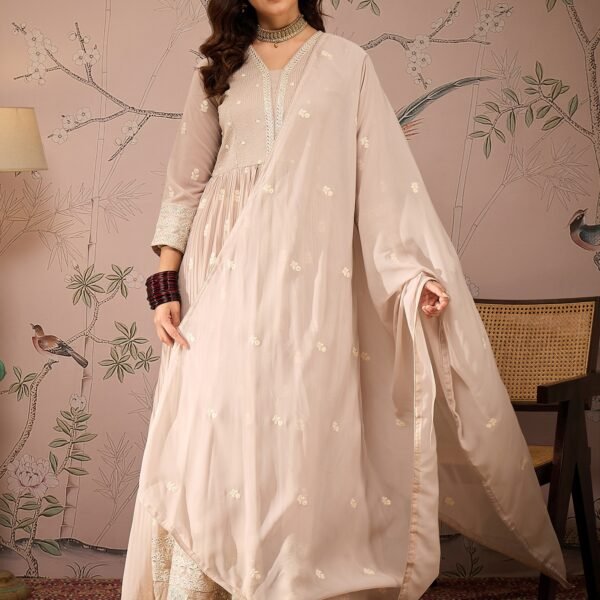 Radiant Peach Embroidered Faux Georgette Anarkali Lehenga Set with Dupatta