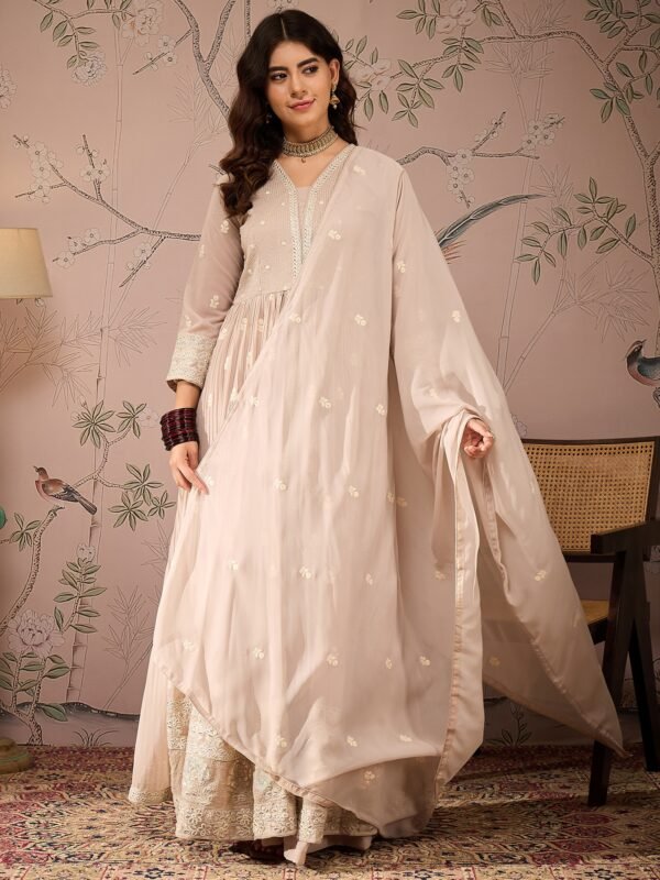 Radiant Peach Embroidered Faux Georgette Anarkali Lehenga Set with Dupatta