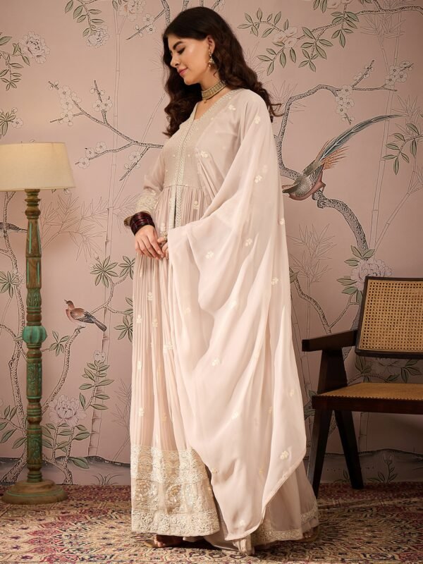 Radiant Peach Embroidered Faux Georgette Anarkali Lehenga Set with Dupatta