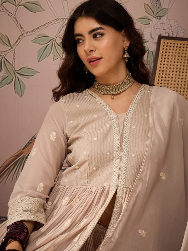 Radiant Peach Embroidered Faux Georgette Anarkali Lehenga Set with Dupatta