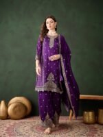 Majestic Purple Embroidered Vichitra Silk Kurta Palazzo Set with Dupatta