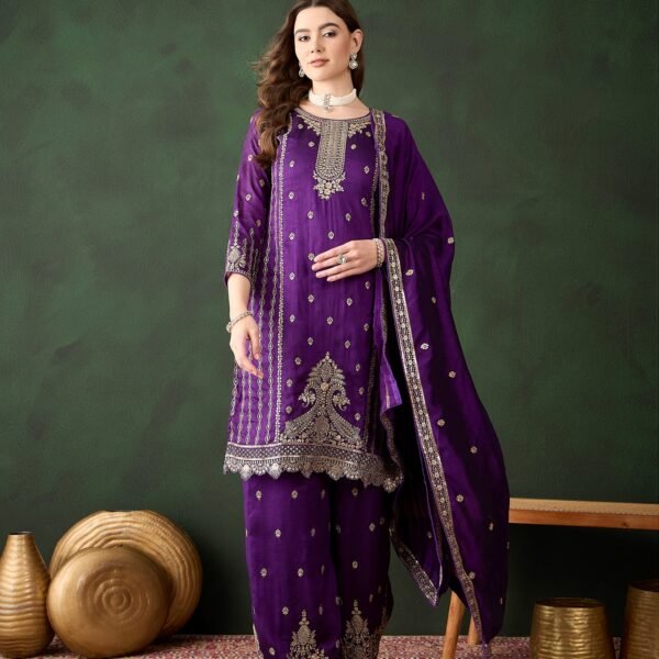 Majestic Purple Embroidered Vichitra Silk Kurta Palazzo Set with Dupatta