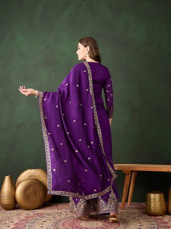 Majestic Purple Embroidered Vichitra Silk Kurta Palazzo Set with Dupatta