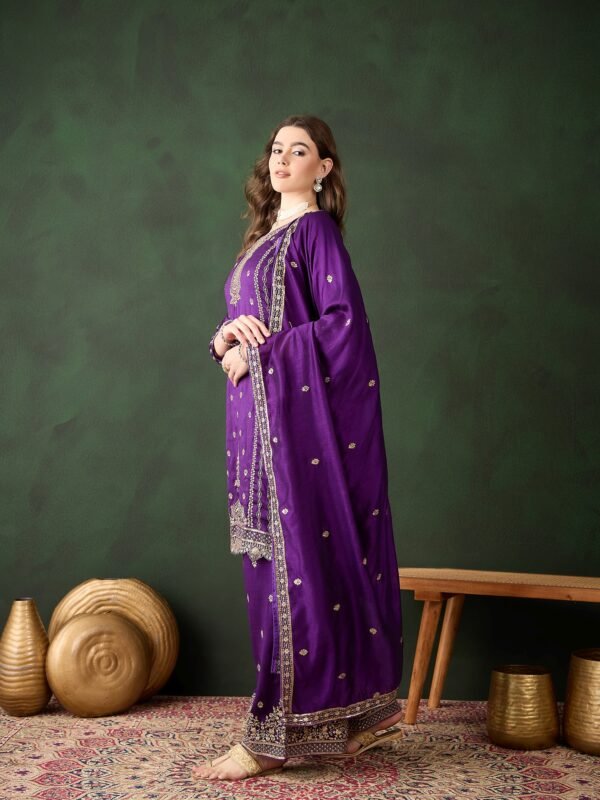 Majestic Purple Embroidered Vichitra Silk Kurta Palazzo Set with Dupatta