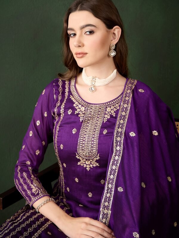 Majestic Purple Embroidered Vichitra Silk Kurta Palazzo Set with Dupatta