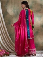 Pink Embroidered Chinon Flared Kurta Palazzo Set with Dupatta
