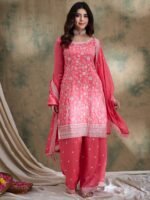 Alluring Light Pink Embroidered Vichitra Silk Kurta Palazzo Set with Dupatta