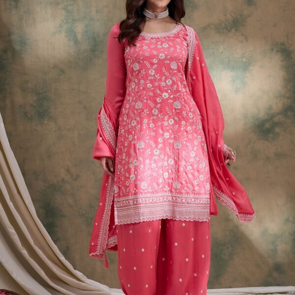 Alluring Light Pink Embroidered Vichitra Silk Kurta Palazzo Set with Dupatta