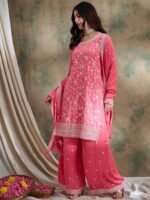 Alluring Light Pink Embroidered Vichitra Silk Kurta Palazzo Set with Dupatta