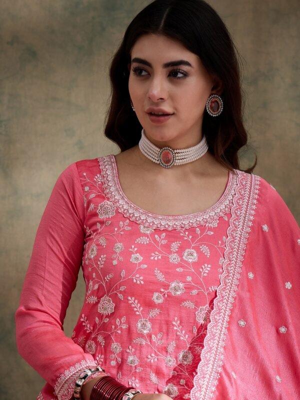 Alluring Light Pink Embroidered Vichitra Silk Kurta Palazzo Set with Dupatta