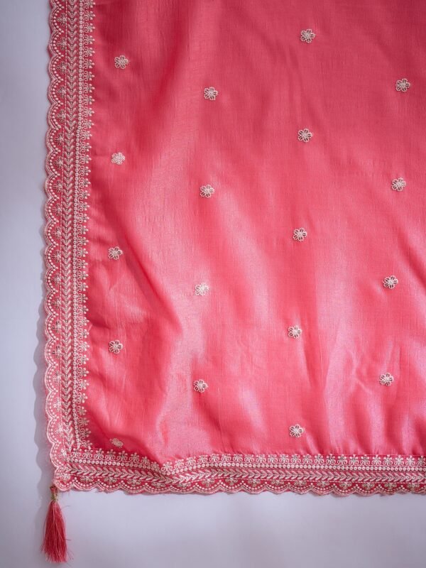 Alluring Light Pink Embroidered Vichitra Silk Kurta Palazzo Set with Dupatta