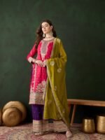 Vibrant Pink and Purple Embroidered Vichitra Silk Kurta Palazzo Set with Dupatta