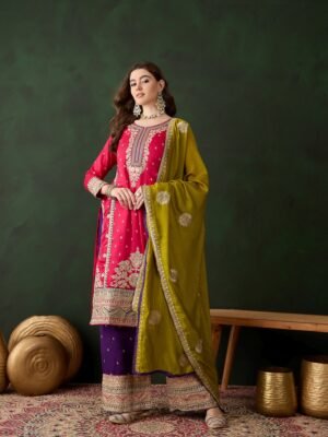 Vibrant Pink and Purple Embroidered Vichitra Silk Kurta Palazzo Set with Dupatta