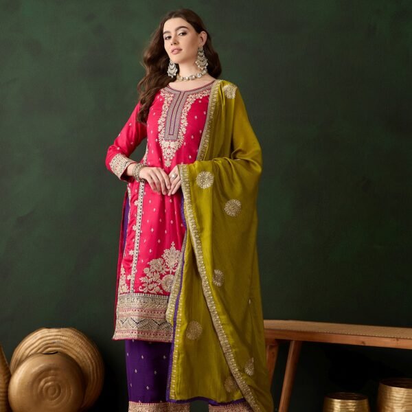 Vibrant Pink and Purple Embroidered Vichitra Silk Kurta Palazzo Set with Dupatta