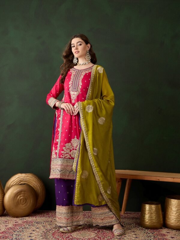 Vibrant Pink and Purple Embroidered Vichitra Silk Kurta Palazzo Set with Dupatta