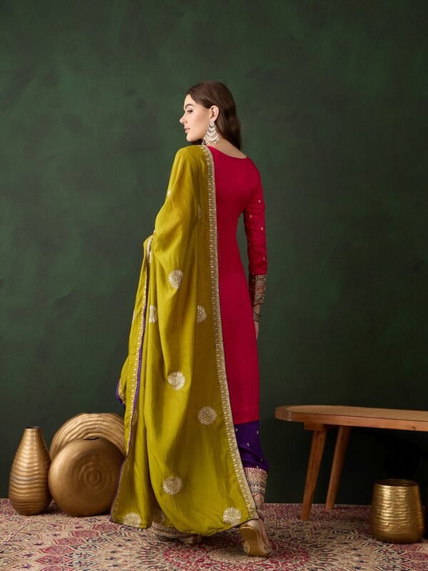 Vibrant Pink and Purple Embroidered Vichitra Silk Kurta Palazzo Set with Dupatta