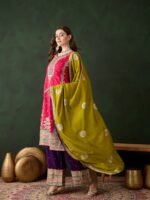 Vibrant Pink and Purple Embroidered Vichitra Silk Kurta Palazzo Set with Dupatta