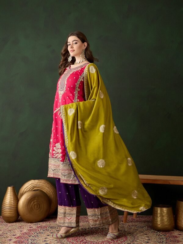 Vibrant Pink and Purple Embroidered Vichitra Silk Kurta Palazzo Set with Dupatta