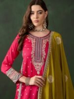 Vibrant Pink and Purple Embroidered Vichitra Silk Kurta Palazzo Set with Dupatta