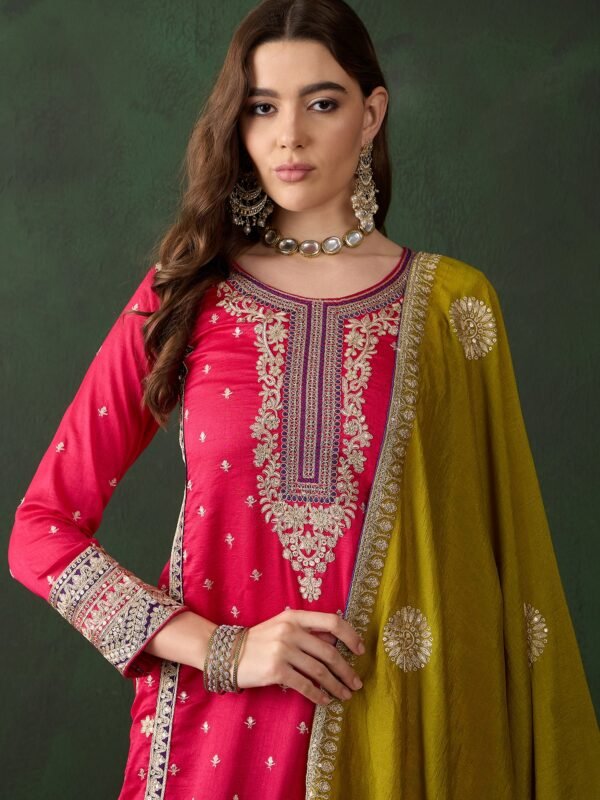 Vibrant Pink and Purple Embroidered Vichitra Silk Kurta Palazzo Set with Dupatta