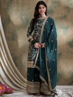 Resplendent Green Embroidered Chinon Kurta Palazzo Set with Dupatta