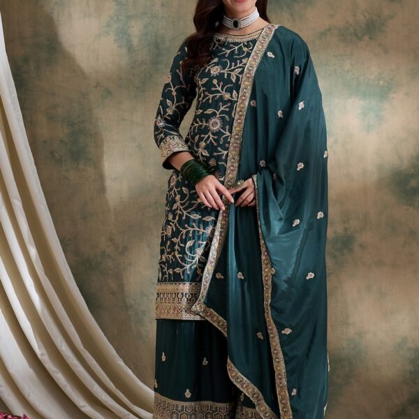 Resplendent Green Embroidered Chinon Kurta Palazzo Set with Dupatta