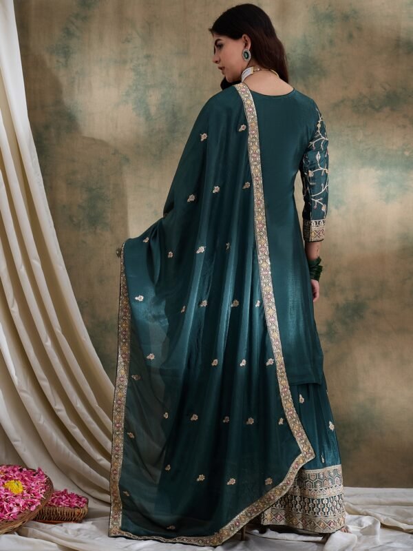 Resplendent Green Embroidered Chinon Kurta Palazzo Set with Dupatta