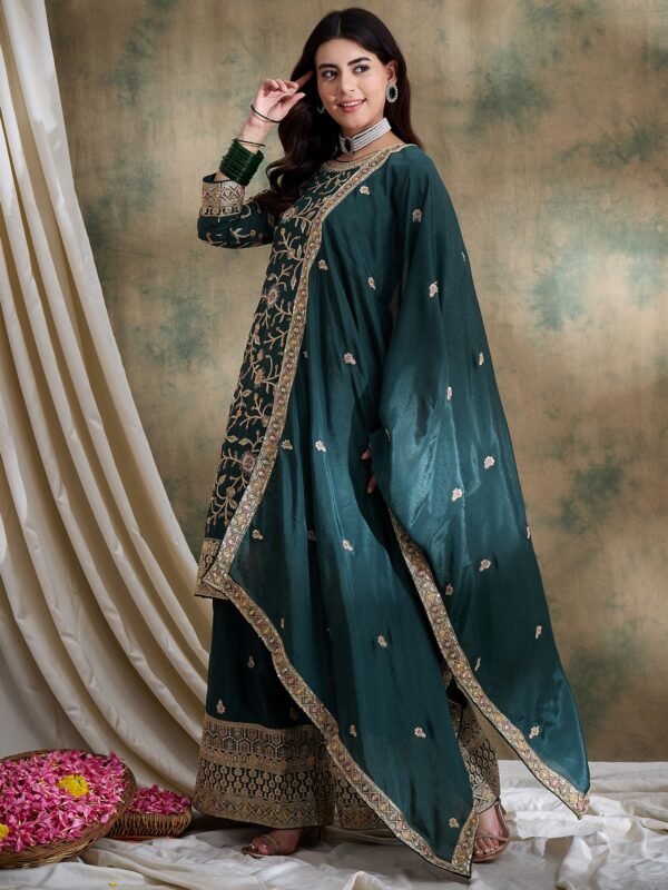 Resplendent Green Embroidered Chinon Kurta Palazzo Set with Dupatta