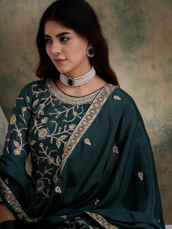 Resplendent Green Embroidered Chinon Kurta Palazzo Set with Dupatta