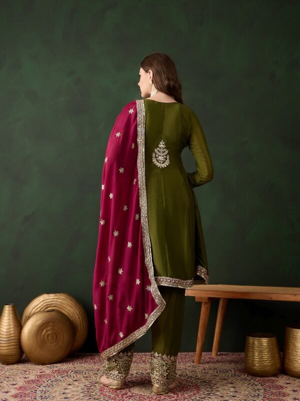 Mehendi Embroidered Chinon Anarkali Kurta Pant Set with Dupatta