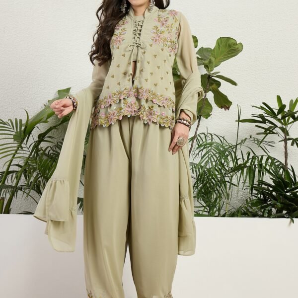 Elegant White Chinon Embroidered Kurta Palazzo Set