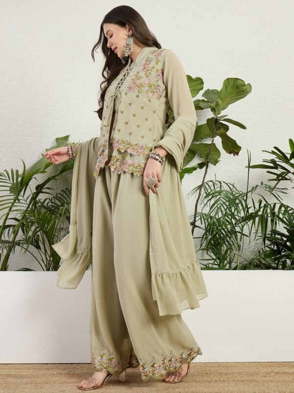 Elegant White Chinon Embroidered Kurta Palazzo Set