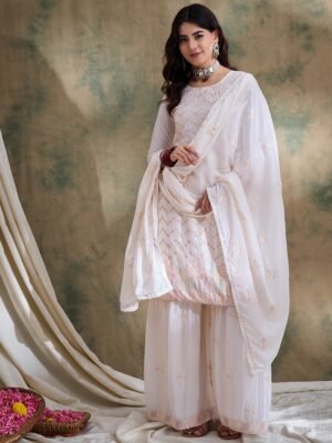 Elegant White Chinon Embroidered Kurta Palazzo Set