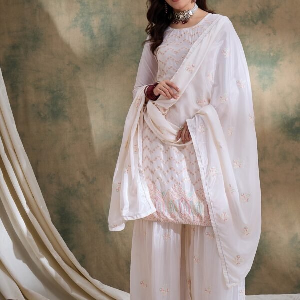 Elegant White Chinon Embroidered Kurta Palazzo Set