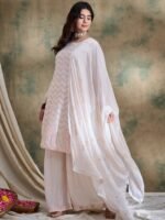 Elegant White Chinon Embroidered Kurta Palazzo Set