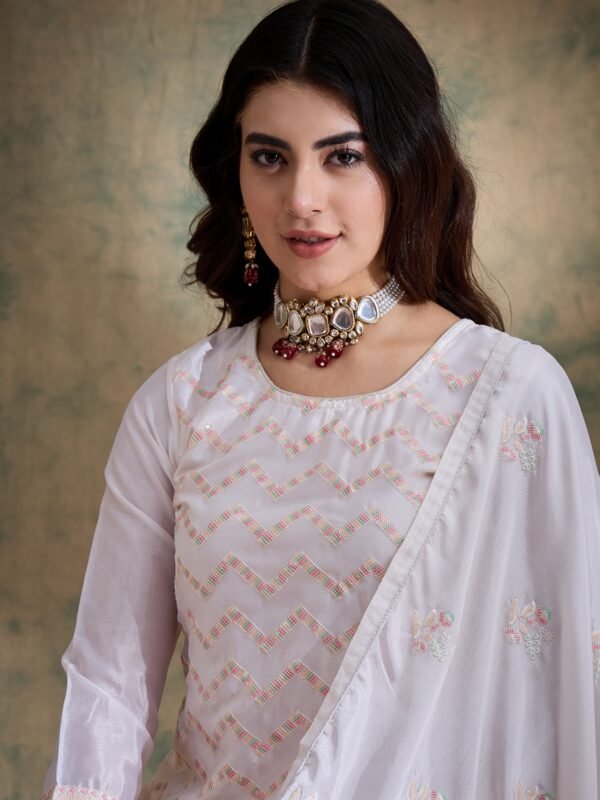 Elegant White Chinon Embroidered Kurta Palazzo Set