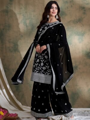 Striking Black Embroidered Faux Georgette Kurta Sharara Set with Dupatta