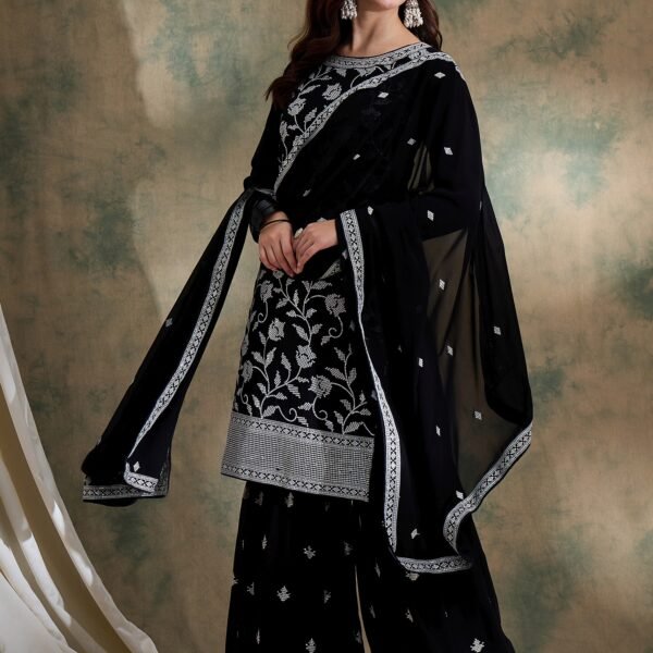 Striking Black Embroidered Faux Georgette Kurta Sharara Set with Dupatta