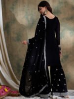 Striking Black Embroidered Faux Georgette Kurta Sharara Set with Dupatta