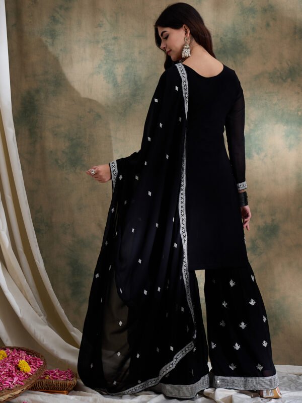 Striking Black Embroidered Faux Georgette Kurta Sharara Set with Dupatta