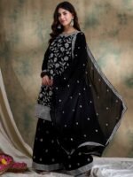 Striking Black Embroidered Faux Georgette Kurta Sharara Set with Dupatta