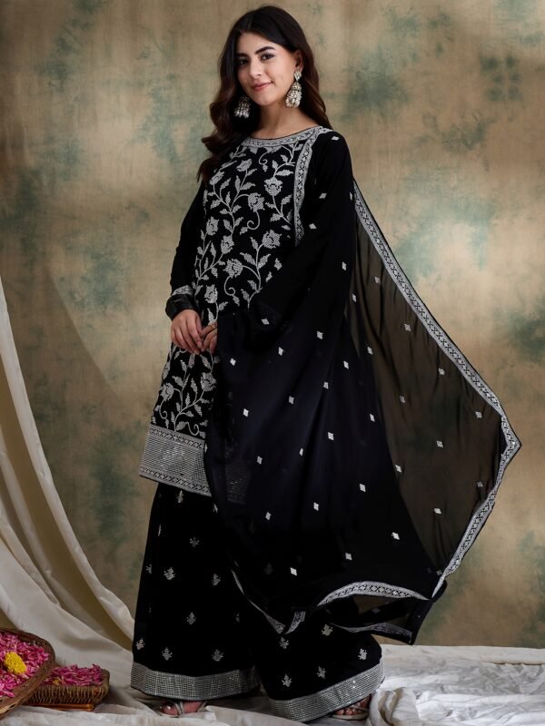 Striking Black Embroidered Faux Georgette Kurta Sharara Set with Dupatta